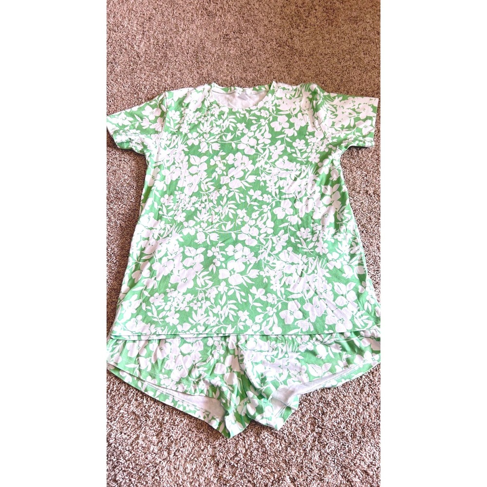 LAKE Pajamas Green White Floral Pima Cotton Short Set SZ Small Loungewear